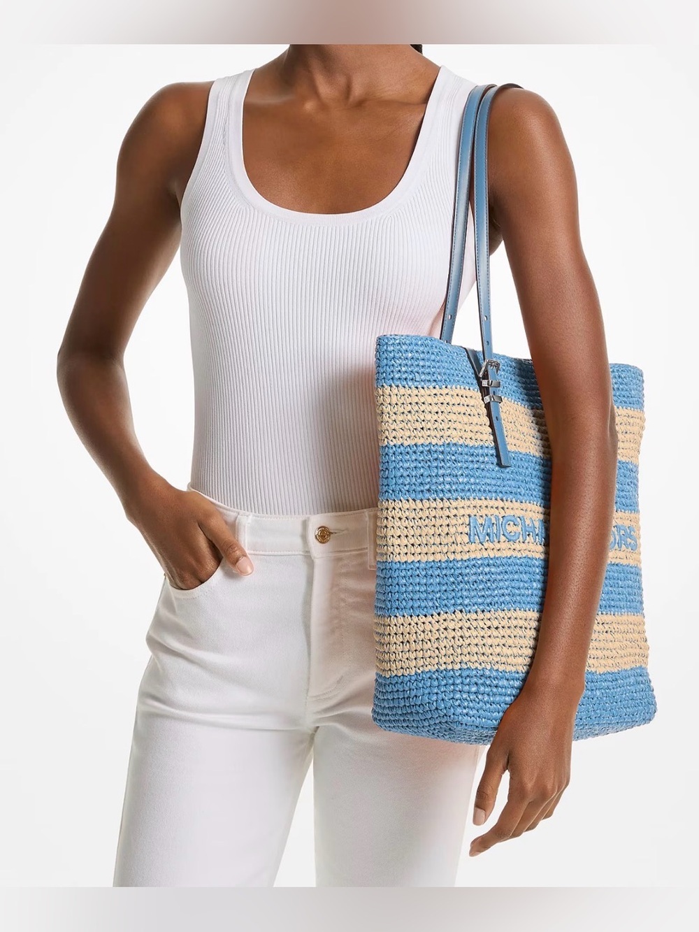 Michael Kors Quinn Striped Straw Tote Bag Cream & Blue - Picture 2 of 12